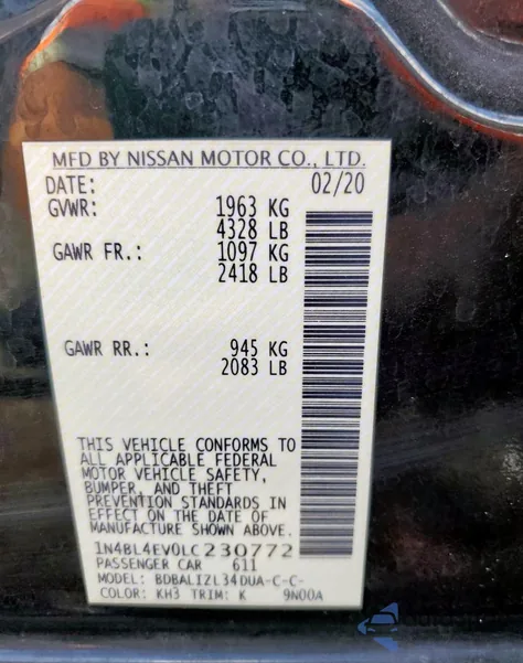 2020 Nissan Altima Sl from USA, damaged, VIN 1N4BL4EV0LC230772